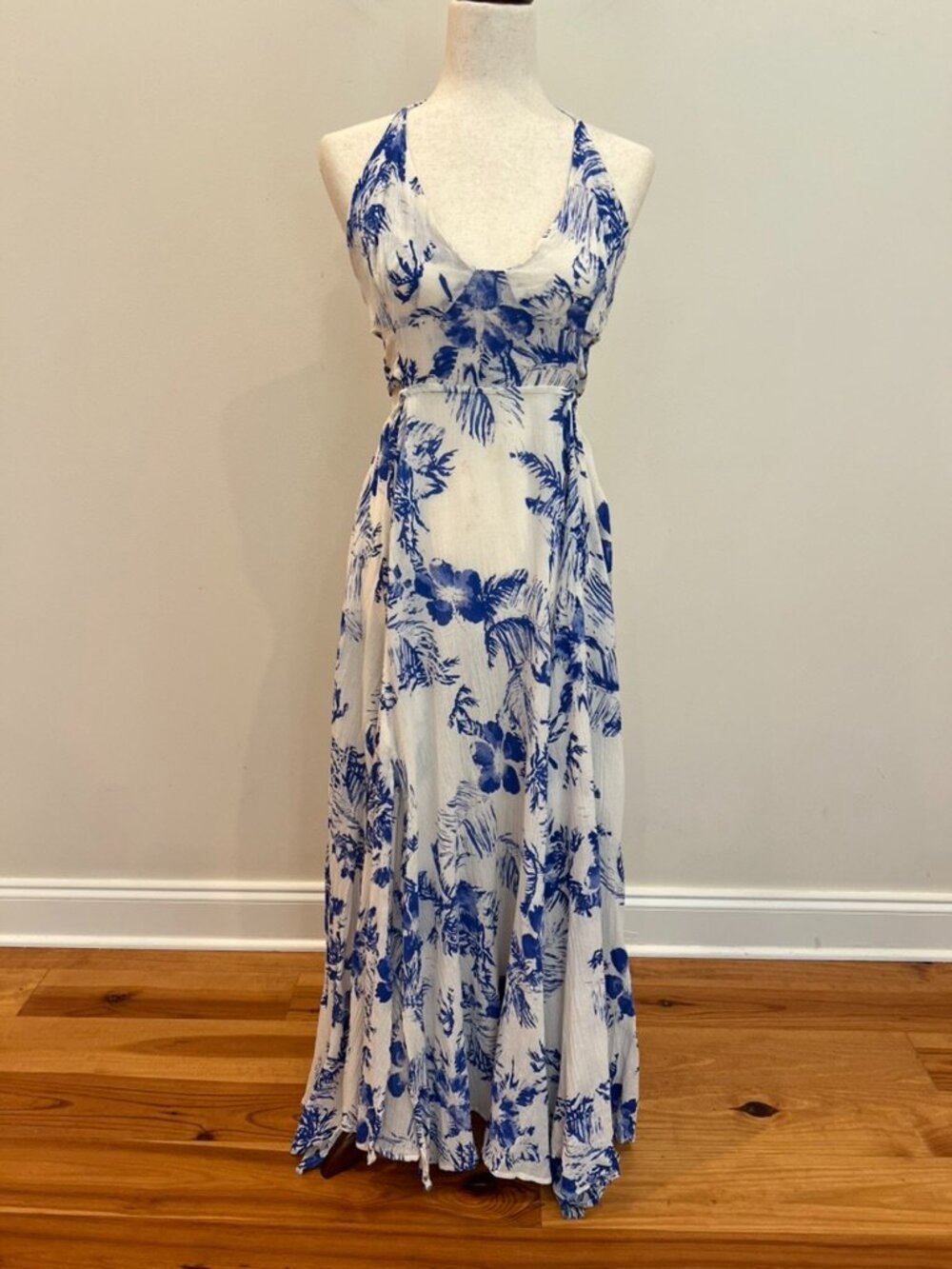 Free People Lille Maxi Dress Small Blue Floral Halter Slit Flowy Resort Tropical